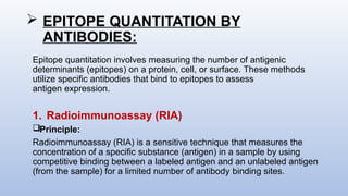  EPITOPE QUANTITATION BY
ANTIBODIES:
Epitope quantitation involves measuring the number of antigenic
determinants (epitopes) on a protein, cell, or surface. These methods
utilize specific antibodies that bind to epitopes to assess
antigen expression.
1. Radioimmunoassay (RIA)
Principle:
Radioimmunoassay (RIA) is a sensitive technique that measures the
concentration of a specific substance (antigen) in a sample by using
competitive binding between a labeled antigen and an unlabeled antigen
(from the sample) for a limited number of antibody binding sites.
 