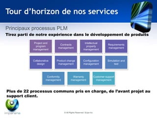 Tour d’horizon de nos services 
Principaux processus PLM 
Tirez parti de notre expérience dans le développement de produits 
Project and 
program 
management 
Plus de 22 processus communs pris en charge, de l’avant projet au 
support client. 
Contracts 
management 
Intellectual 
property 
management 
Requirements 
management 
Collaborative 
design 
Product change 
management 
Configuration 
management 
Simulation and 
test 
Conformity 
management 
Warranty 
management 
Customer support 
management 
© All Rights Reserved Scipe Inc 
 