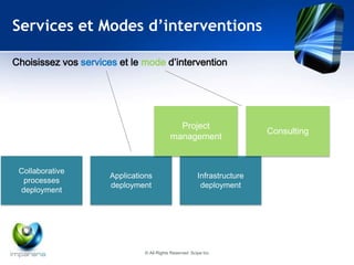 Services et Modes d’interventions 
Choisissez vos services et le mode d’intervention 
Collaborative 
processes 
deployment 
Applications 
deployment 
Project 
management 
Infrastructure 
deployment 
Consulting 
© All Rights Reserved Scipe Inc 
 