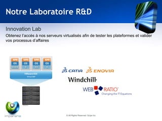 Notre Laboratoire R&D 
Innovation Lab 
Obtenez l’accès à nos serveurs virtualisés afin de tester les plateformes et valider 
vos processus d’affaires 
© All Rights Reserved Scipe Inc 
 