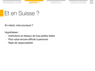 Et en Suisse ?
En retard, mais pourquoi ?
Hypothèses :
— Institutions et réseaux de trop petites tailles
— Plus-value encore difficile à percevoir
— Rejet de responsabilité
INTRODUCTION PARTIE 1 PARTIE 2 CONCLUSION 22
 
