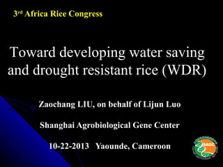3rd Africa Rice Congress

Toward developing water saving
and drought resistant rice (WDR)
Zaochang LIU, on behalf of Lijun Luo
Shanghai Agrobiological Gene Center
10-22-2013 Yaounde, Cameroon

 