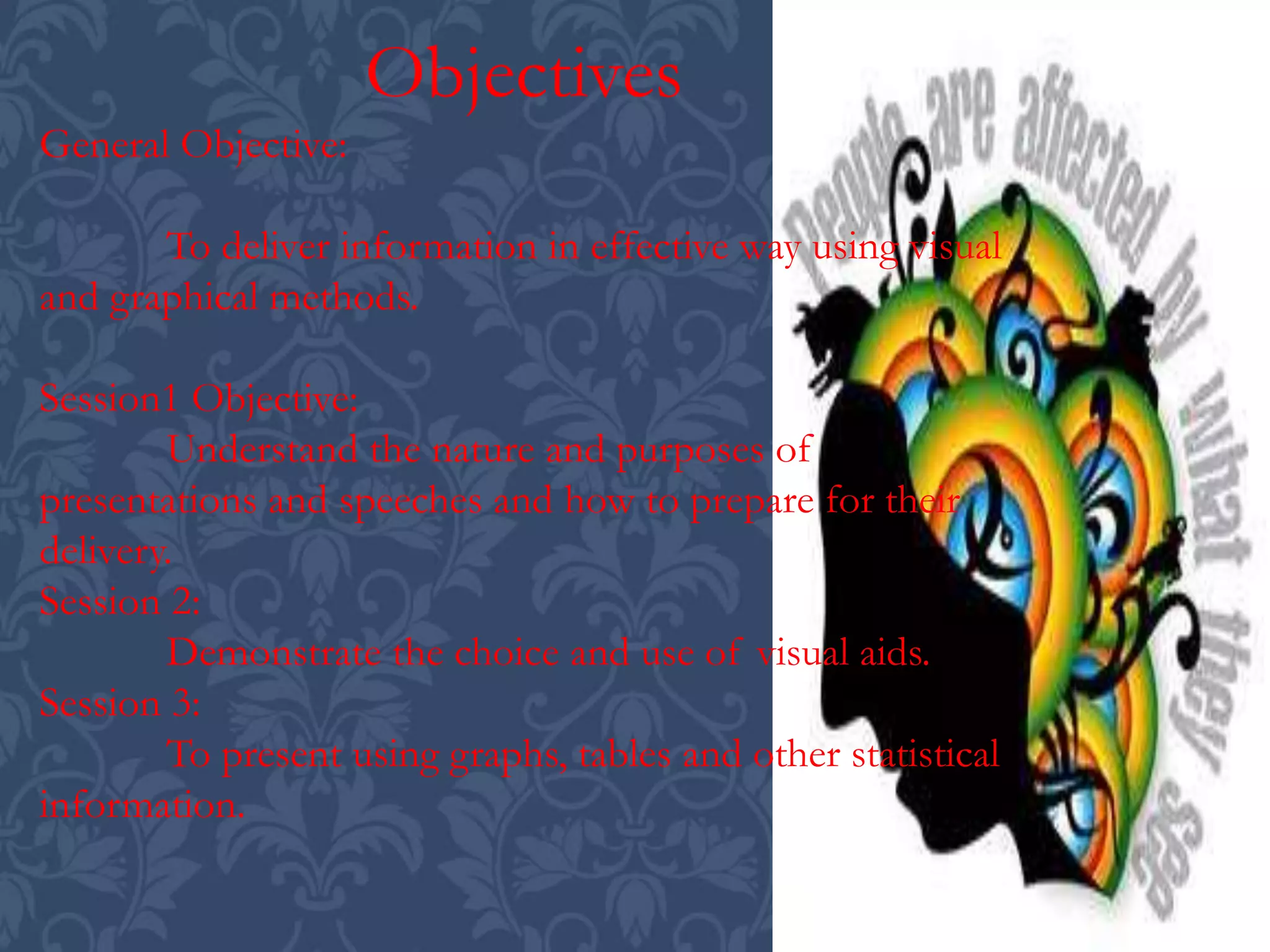 Objectives
General Objective:
To deliver information in effective way using visual
and graphical methods.
Session1 Objective:
Understand the nature and purposes of
presentations and speeches and how to prepare for their
delivery.
Session 2:
Demonstrate the choice and use of visual aids.
Session 3:
To present using graphs, tables and other statistical
information.
 