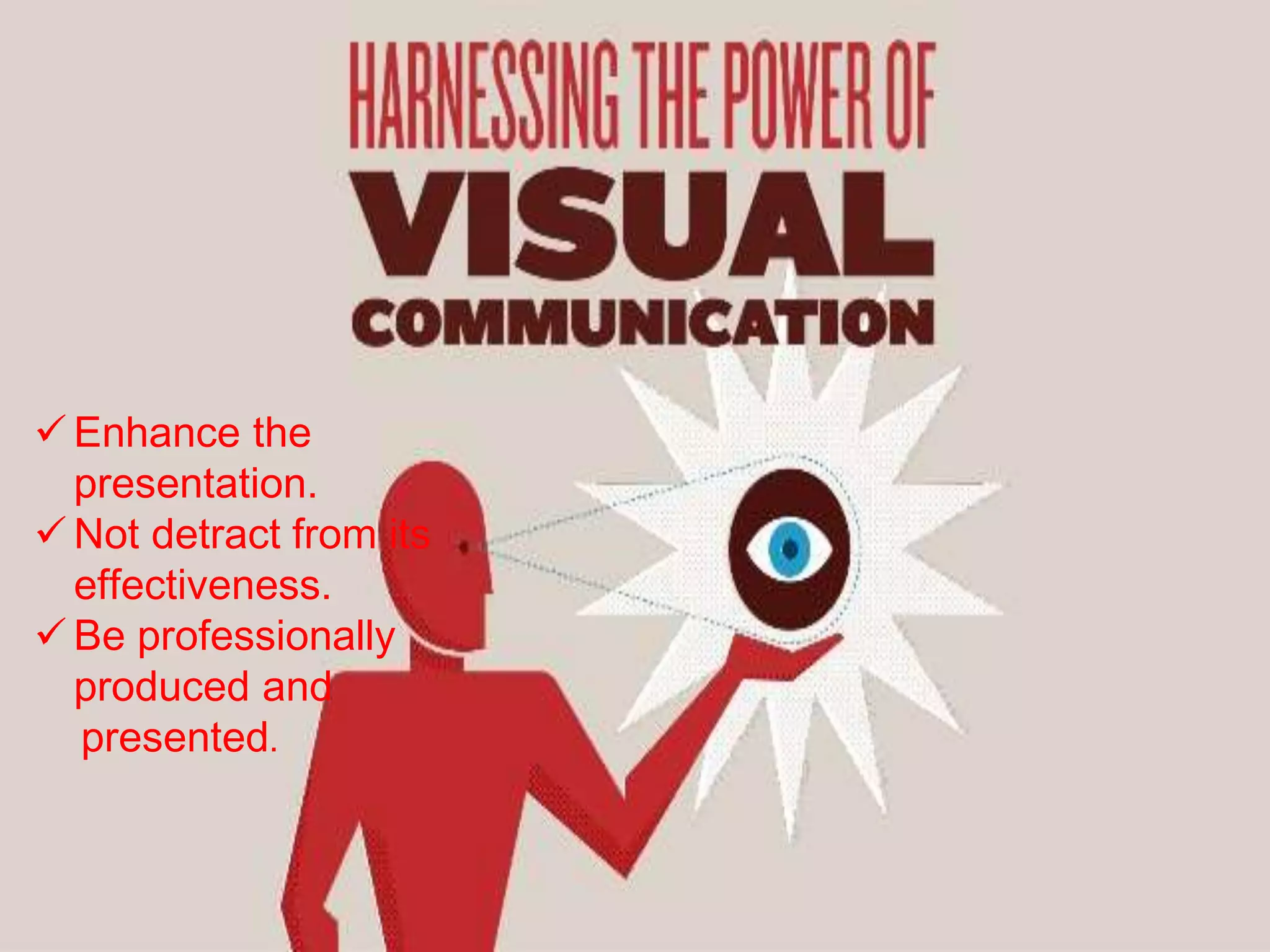  Enhance the
presentation.
 Not detract from its
effectiveness.
 Be professionally
produced and
presented.
 