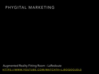 P H Y G I TA L M A R K E T I N G
Augmented Reality Fitting Room - LaRedoute
H T T P S : / / W W W. Y O U T U B E . C O M / WA T C H ? V = L J 8 O Q O O J D L 0
 