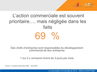L’action commerciale est souvent
     prioritaire…. mais négligée dans les
                     faits

                                        69 %
       Des chefs d’entreprise sont responsables du développement
                      commercial de leur entreprise

                    1 sur 2 y consacre moins de 3 jours par mois

Source : enquête portail des PME – été 2009-
 