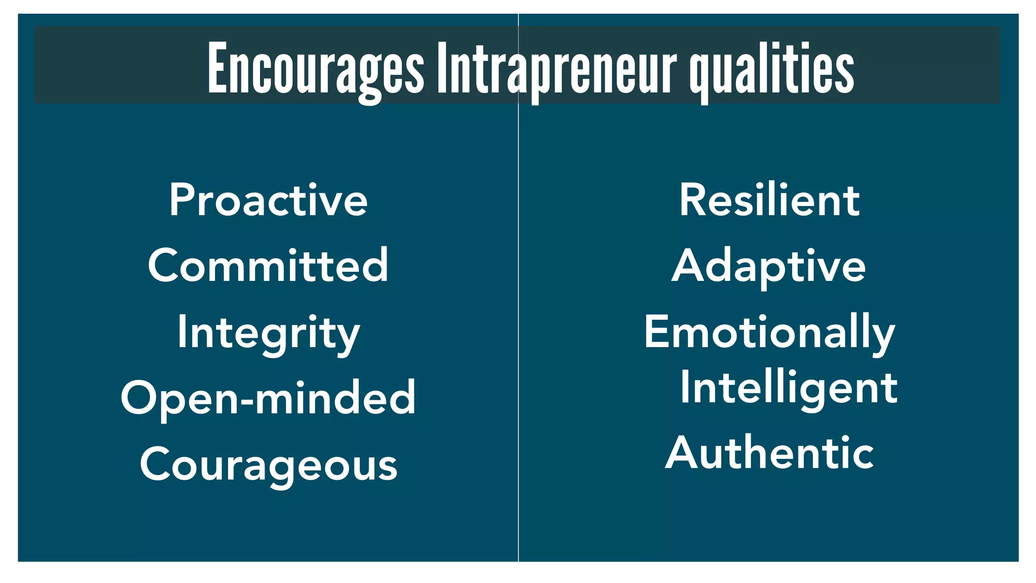 Proactive
Committed
Integrity
Open-minded
Courageous
Resilient
Adaptive
Emotionally
Intelligent
Authentic
Encourages Intrapreneur qualities
 
