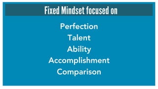 Perfection
Talent
Ability
Accomplishment
Comparison

Fixed Mindset focused on
 