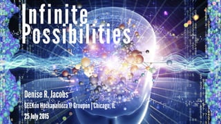 Possibilities
Infinite
Denise R. Jacobs
GEEKon Hackapalooza @ Groupon | Chicago, IL
25 July 2015
 