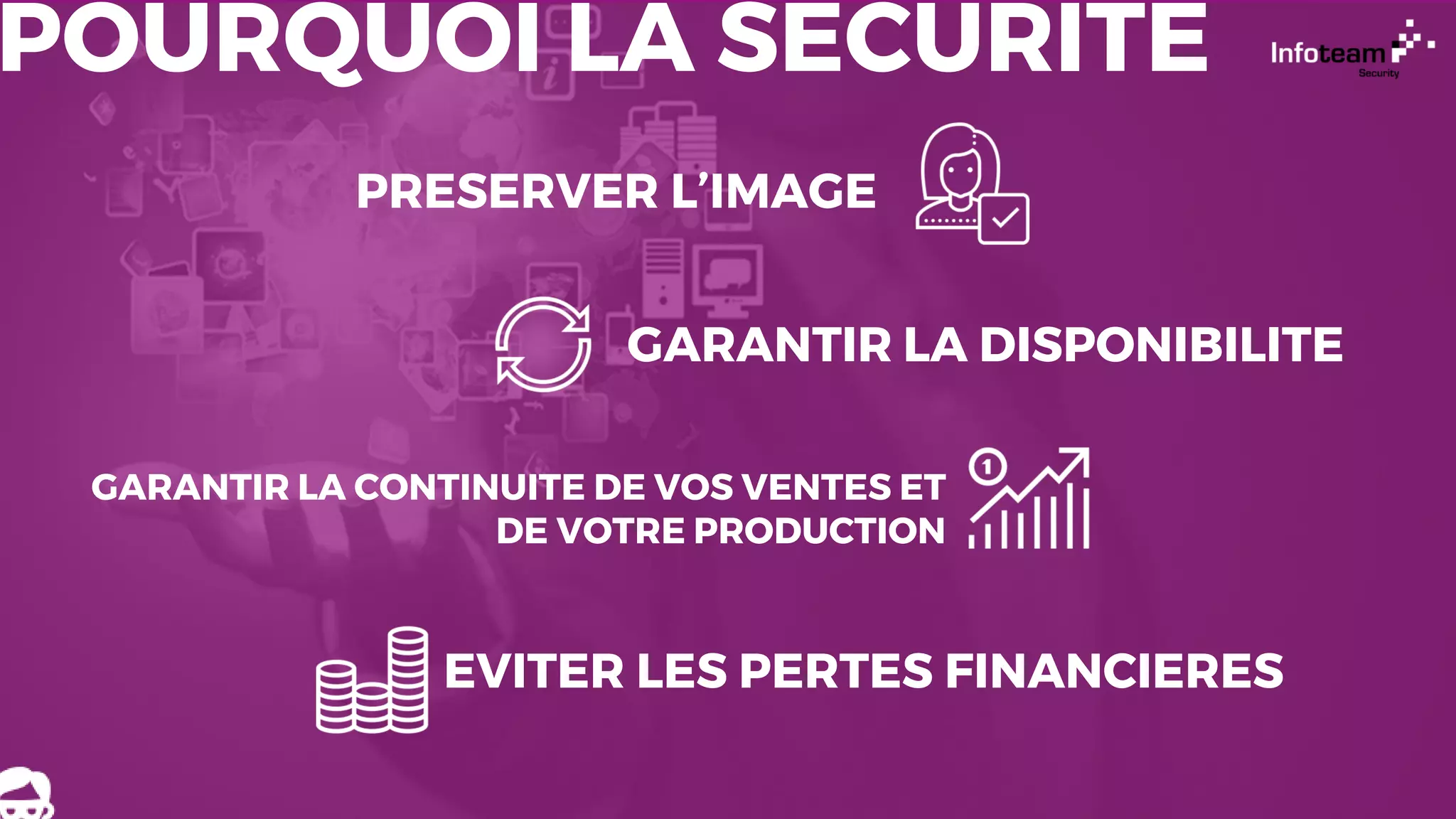 POURQUOI LA SECURITE
GARANTIR LA DISPONIBILITE
EVITER LES PERTES FINANCIERES
PRESERVER L’IMAGE
GARANTIR LA CONTINUITE DE VOS VENTES ET
DE VOTRE PRODUCTION
 