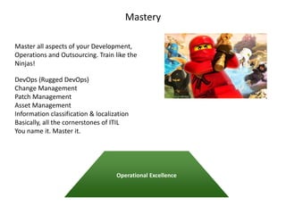 Mastery
Operational Excellence
Master all aspects of your Development,
Operations and Outsourcing. Train like the
Ninjas!
DevOps (Rugged DevOps)
Change Management
Patch Management
Asset Management
Information classification & localization
Basically, all the cornerstones of ITIL
You name it. Master it.
 