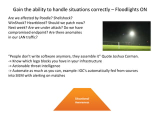 Gain the ability to handle situations correctly – Floodlights ON
Situational
Awareness
”People don’t write software anymore, they assemble it” Quote Joshua Corman.
-> Know which lego blocks you have in your infrastructure
-> Actionable threat intelligence
-> Automate as much as you can, example: IOC’s automatically fed from sources
into SIEM with alerting on matches
Are we affected by Poodle? Shellshock?
WinShock? Heartbleed? Should we patch now?
Next week? Are we under attack? Do we have
compromised endpoint? Are there anomalies
in our LAN traffic?
 