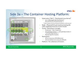 Side 3a – The Container Hosting Platform:
11
» Kubernetes (“k8s”): “Distributed Linux Kernel”
• Use a (Managed) k8s Distribution*
(OpenShift/Rancher/PKS/GKE/EKS/AKS/…)
* https://www.cncf.io/certification/software-conformance/
» Node: (Physical/Virtual) machine hosting k8s
code supplying resources to the Cluster
» Cluster: Namespace manager
• Production – Non Production
• (virtual) Data Center 1 – (virtual) Data Center 2
– (virtual) Data Center n
• Payload specific Clusters
» Namespace:
• SLA on resources (CPU/Memory)
• Unit of isolation (no access by default)
» Platform: The collection of Clusters
 