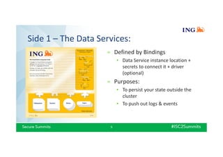 Side 1 – The Data Services:
9
» Defined by Bindings
• Data Service instance location +
secrets to connect it + driver
(optional)
» Purposes:
• To persist your state outside the
cluster
• To push out logs & events
 