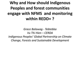 Why and How should Indigenous 
Peoples and forest communities 
engage with NFMS and monitoring 
within REDD+ ? 
Grace Balawag - Tebtebba 
Vu Thi Hien – CERDA 
Indigenous Peoples’ Global Partnership on Climate 
Change, Forests and Sustainable Development 
 