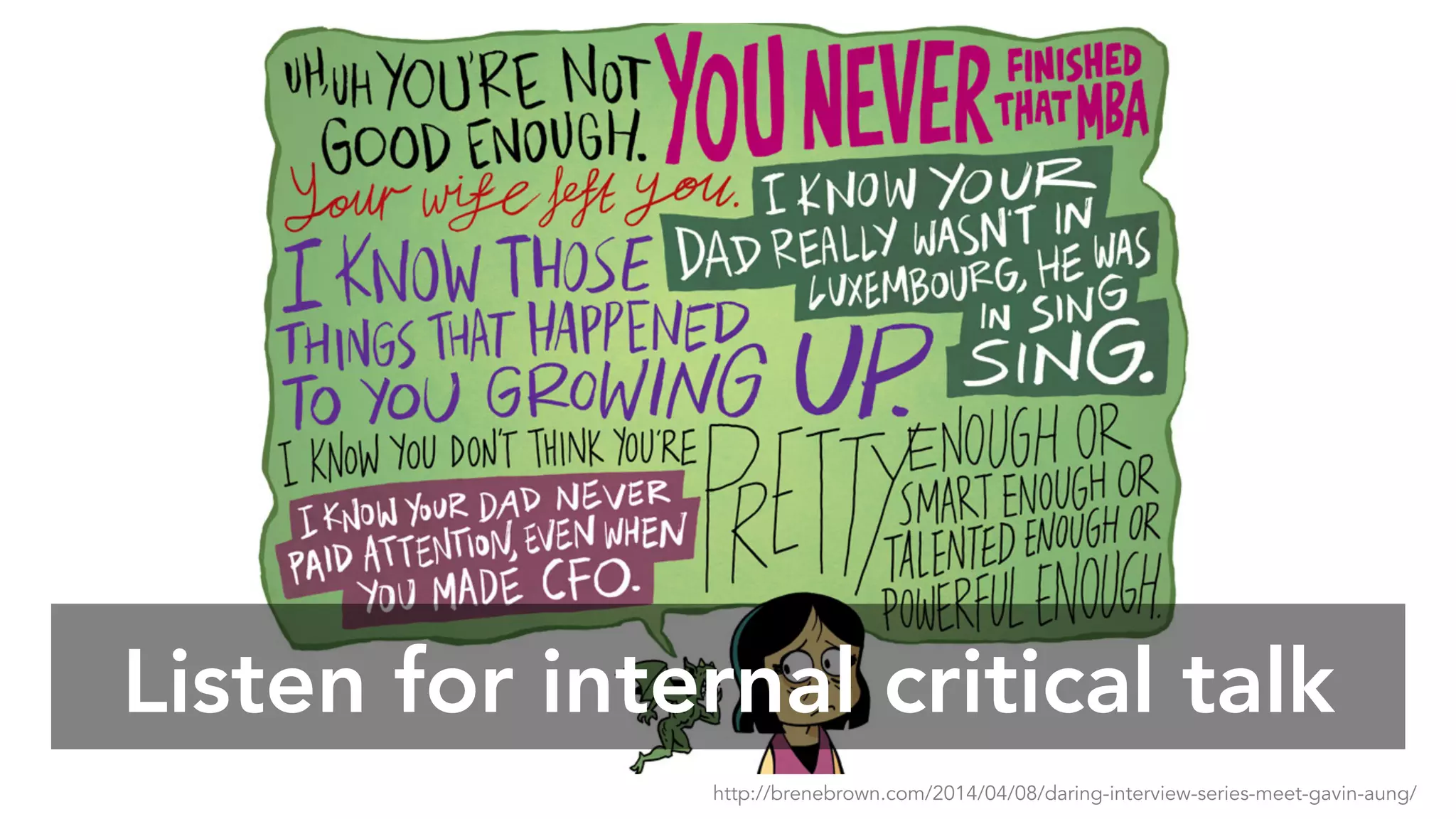 Listen for internal critical talk
http://brenebrown.com/2014/04/08/daring-interview-series-meet-gavin-aung/
 