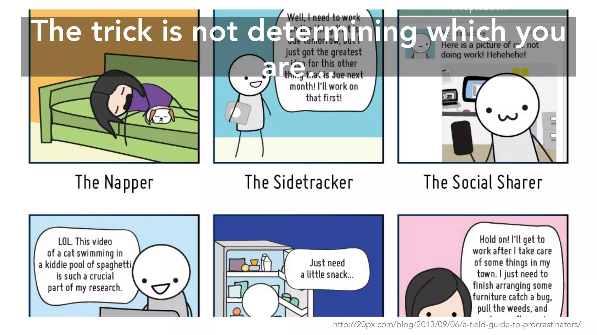 The trick is not determining which you
are…
http://20px.com/blog/2013/09/06/a-field-guide-to-procrastinators/
 