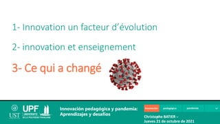 1- Innovation un facteur d’évolution
2- innovation et enseignement
3- Ce qui a changé
Innovación pedagógica y pandemia:
Aprendizajes y desafíos Christophe BATIER
Jueves 21 de octubre de 2021
 