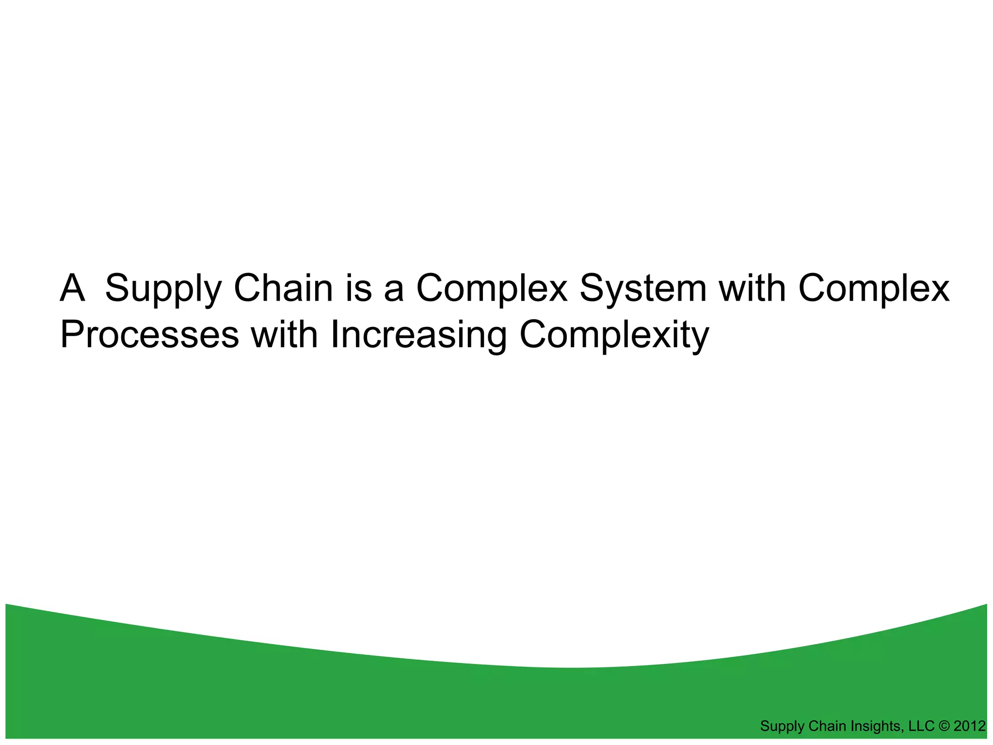A Supply Chain is a Complex System with Complex
Processes with Increasing Complexity




                                    Supply Chain Insights, LLC © 2012
 