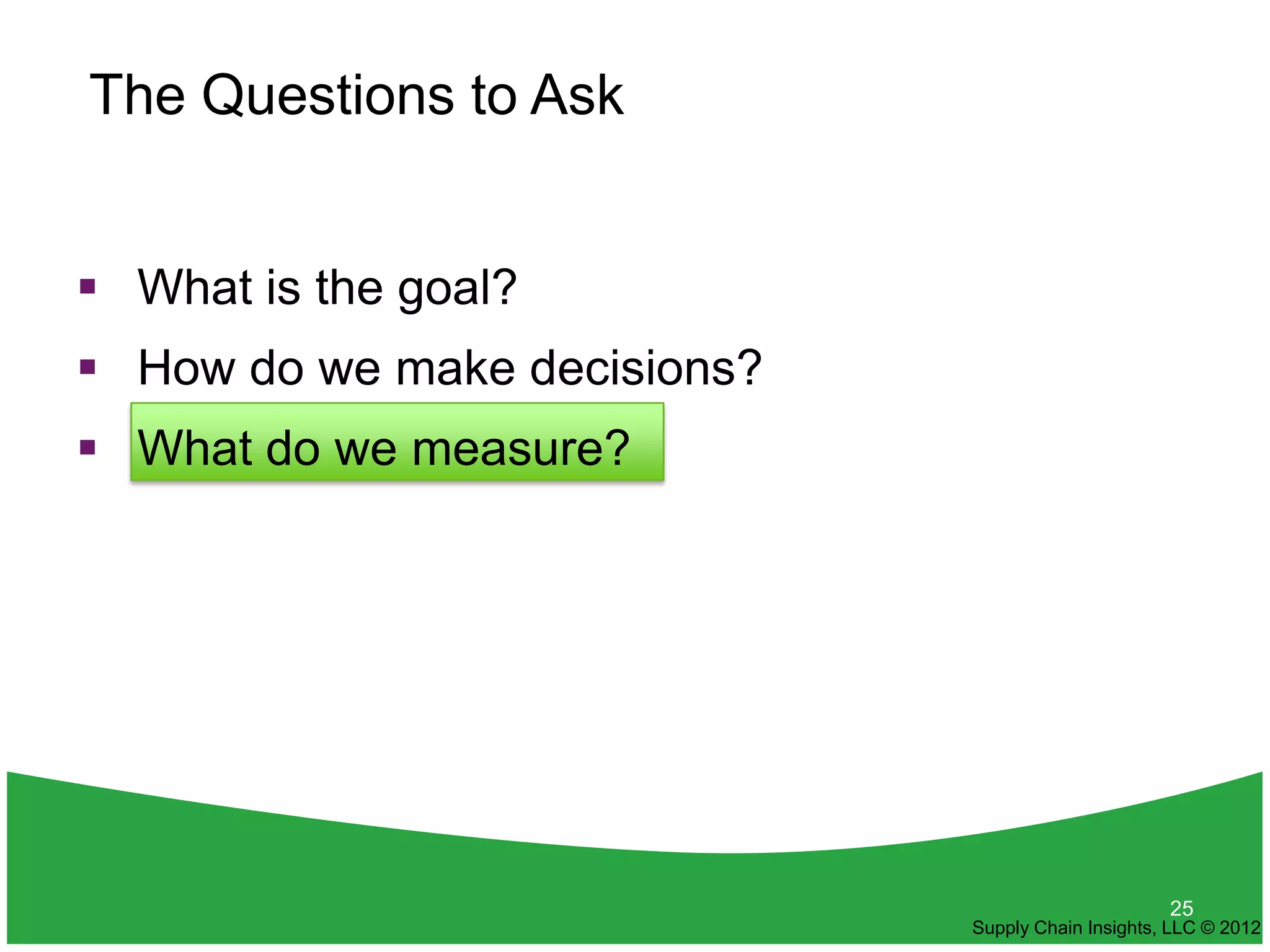 The Questions to Ask


 What is the goal?
 How do we make decisions?
 What do we measure?




                                                    25
                              Supply Chain Insights, LLC © 2012
 