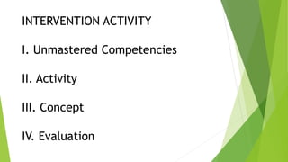 INTERVENTION ACTIVITY
I. Unmastered Competencies
II. Activity
III. Concept
IV. Evaluation
 
