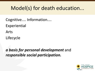 Model(s) for death education...
Cognitive.... Information....
Experiential
Arts
Lifecycle
a basis for personal development and
responsible social participation.
 
