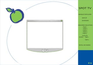 SPOT TV
BANQUE POPULAIRE
DAN'UP
DIVERSAM
MAGHREB INDUSTRIES
- Flash 1
- Flash 2
- Flash 3
- Flash 4
- Flash 5
Funny'Ds
NIVEA : - Spot 1
- Spot 2

ROYAL AIR MAROC

 