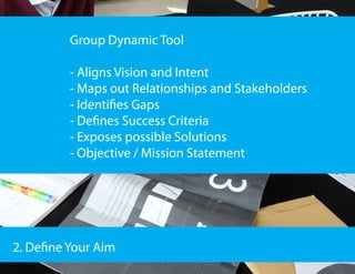 Group Dynamic Tool

          - Aligns Vision and Intent
          - Maps out Relationships and Stakeholders
          - Identifies Gaps
          - Defines Success Criteria
          - Exposes possible Solutions
          - Objective / Mission Statement




2. Define Your Aim
 