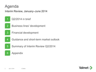 Agenda
July 31, 2014 © Valmet2
Q2/2014 in brief
Business lines’ development
Financial development
Summary of Interim Review Q2/2014
Appendix
1
2
3
5
6
Interim Review, January–June 2014
Guidance and short-term market outlook4
 