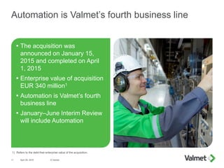  The acquisition was
announced on January 15,
2015 and completed on April
1, 2015
 Enterprise value of acquisition
EUR 340 million1
 Automation is Valmet’s fourth
business line
 January–June Interim Review
will include Automation
April 29, 2015 © Valmet11
Automation is Valmet’s fourth business line
1) Refers to the debt-free enterprise value of the acquisition.
 