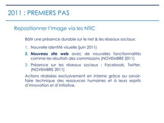2011 : PREMIERS PAS
Bâtir une présence durable sur le net & les réseaux sociaux:
1. Nouvelle identité visuelle (juin 2011)
2. Nouveau site web avec de nouvelles fonctionnalités
comme les résultats des commissions (NOVEMBRE 2011)
3. Présence sur les réseaux sociaux : Facebook, Twitter.
(NOVEMBRE 2011)
Actions réalisées exclusivement en interne grâce au savoir-
faire technique des ressources humaines et à leurs esprits
d’innovation et d’initiative.
Repositionner l’image via les NTIC
 