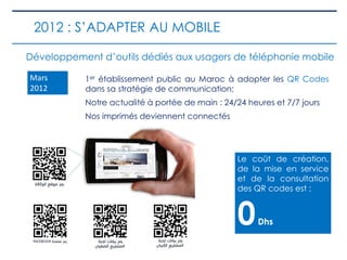 1er établissement public au Maroc à adopter les QR Codes
dans sa stratégie de communication;
Notre actualité à portée de main : 24/24 heures et 7/7 jours
Nos imprimés deviennent connectés
Mars
2012
Développement d’outils dédiés aux usagers de téléphonie mobile
Le coût de création,
de la mise en service
et de la consultation
des QR codes est :
0Dhs
2012 : S’ADAPTER AU MOBILE
 