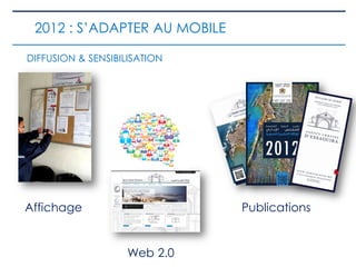 Affichage
Web 2.0
Publications
DIFFUSION & SENSIBILISATION
2012 : S’ADAPTER AU MOBILE
 