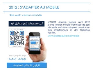 Site web version mobile
L’AUESS dispose depuis avril 2012
d’une version mobile optimisée de son
site web. variante adaptée aux écrans
des Smartphones et des tablettes
tactiles.
www.auessaouira.ma/mobile
2012 : S’ADAPTER AU MOBILE
 