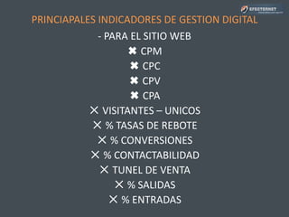 PRINCIAPALES INDICADORES DE GESTION DIGITAL
- PARA EL SITIO WEB
✖ CPM
✖ CPC
✖ CPV
✖ CPA
✕ VISITANTES – UNICOS
✕ % TASAS DE REBOTE
✕ % CONVERSIONES
✕ % CONTACTABILIDAD
✕ TUNEL DE VENTA
✕ % SALIDAS
✕ % ENTRADAS
 