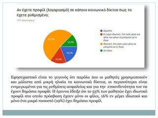 Εφησυχαστικό είναι το γεγονός ότι παρόλο που οι μαθητές χρησιμοποιούν
και μάλιστα από μικρή ηλικία τα κοινωνικά δίκτυα, οι περισσότεροι είναι
ενημερωμένοι για τις ρυθμίσεις ασφαλείας και για την επικινδυνότητα του να
έχουν δημόσια προφίλ: Η έρευνα έδειξε ότι το 53% των μαθητών έχει ιδιωτικό
προφίλ στο οποίο πρόσβαση έχουν μόνο οι φίλοι, 16% εν μέρει ιδιωτικό και
μόνο ένα μικρό ποσοστό (19%) έχει δημόσιο προφίλ.
 