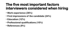 The five most important factors
interviewers considered when hiring
• Work experience (36%)
• First impressions of the candidate (24%)
• Education (12%)
• Professional qualifications (10%)
• References (9%)
 
