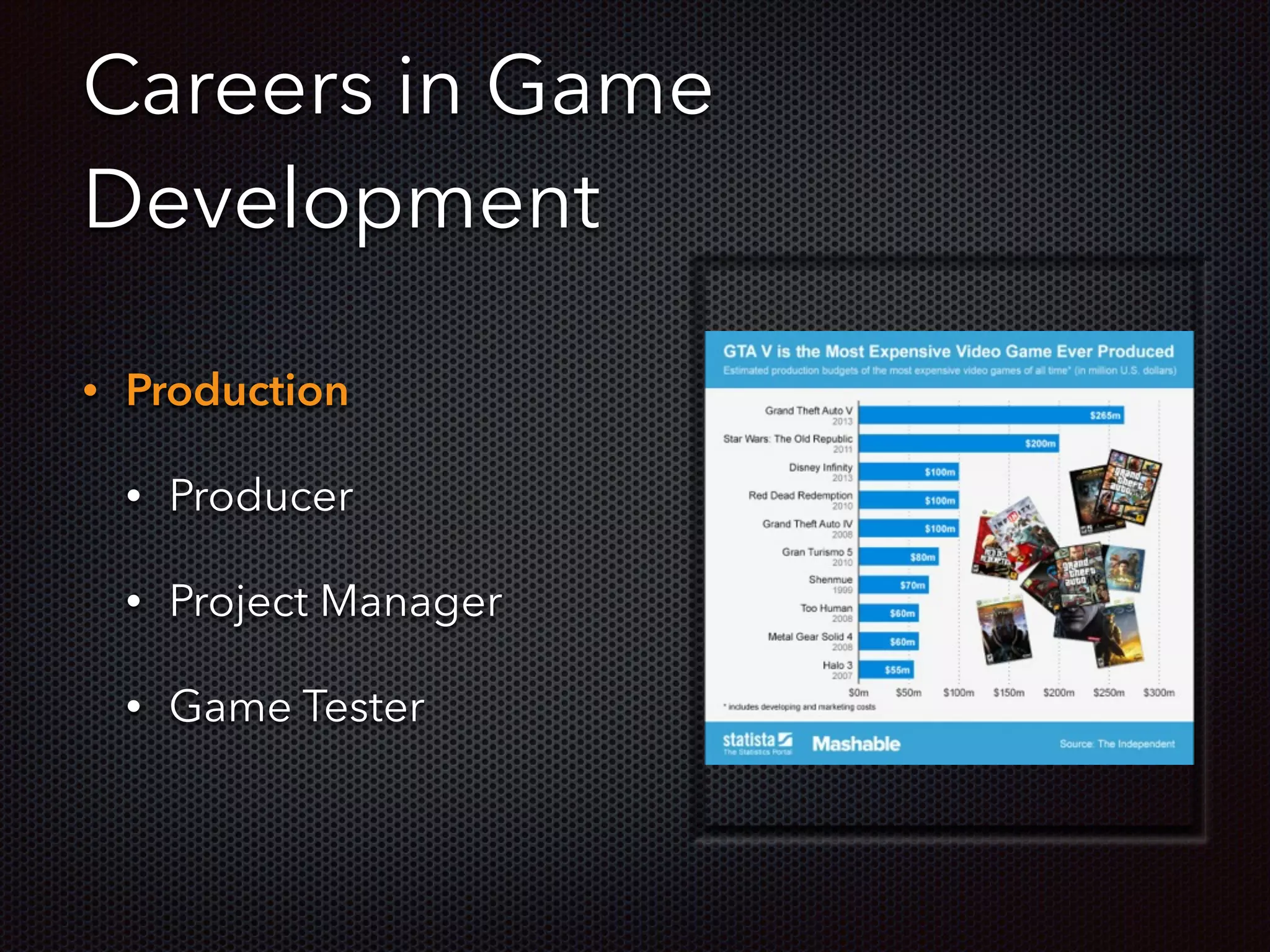 Careers in Game
Development
• Production
• Producer
• Project Manager
• Game Tester
 