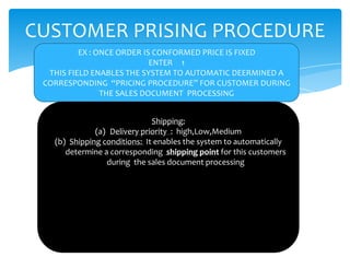 CUSTOMER PRISING PROCEDURE
          EX : ONCE ORDER IS CONFORMED PRICE IS FIXED
                            ENTER 1
  THIS FIELD ENABLES THE SYSTEM TO AUTOMATIC DEERMINED A
 CORRESPONDING “PRICING PROCEDURE” FOR CUSTOMER DURING
                THE SALES DOCUMENT PROCESSING


                              Shipping:
              (a) Delivery priority : high,Low,Medium
   (b) Shipping conditions: It enables the system to automatically
      determine a corresponding shipping point for this customers
                 during the sales document processing
 