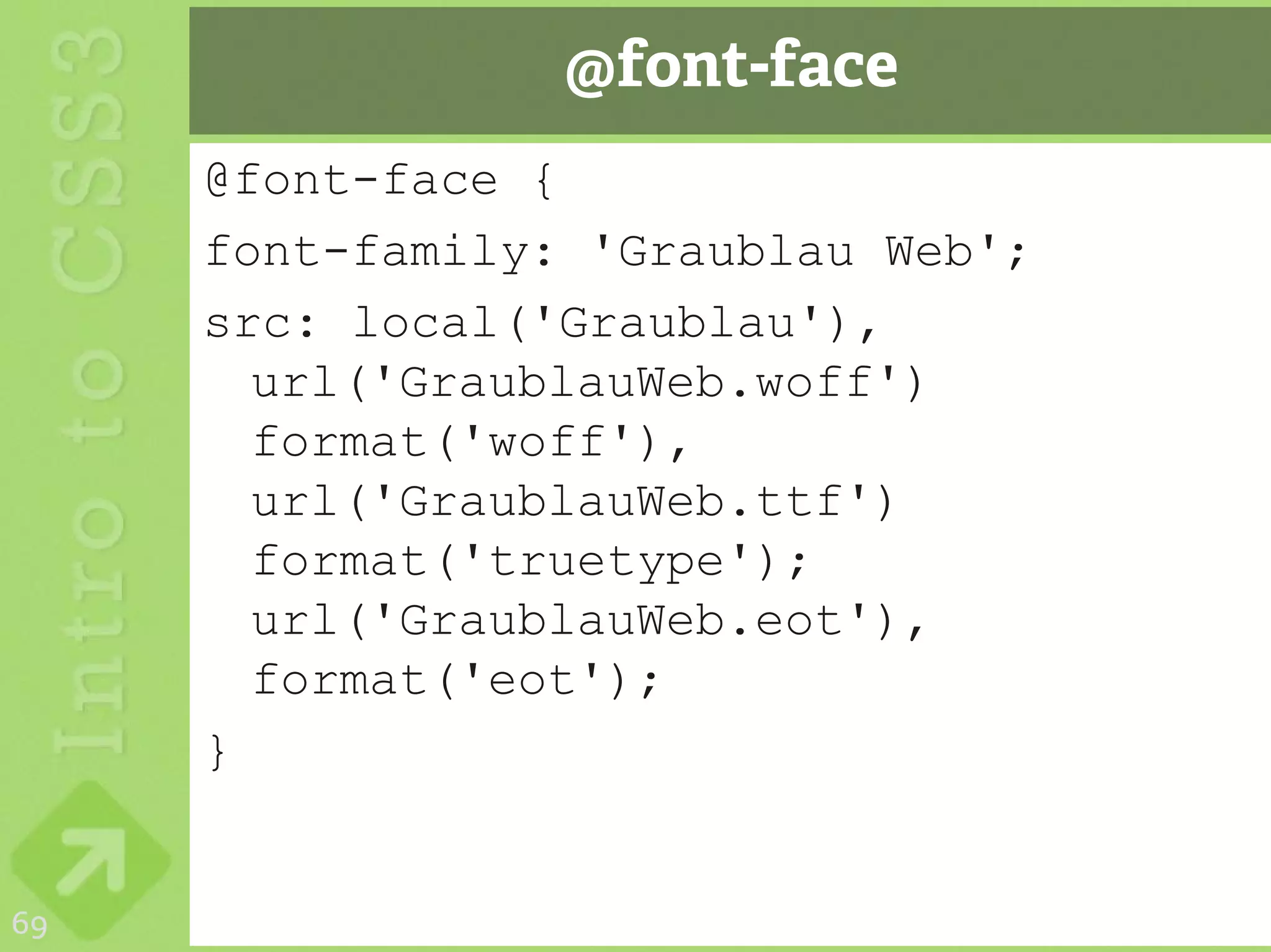 @font-face
     @font-face {
     font-family: 'Graublau Web';
     src: local('Graublau'),
       url('GraublauWeb.woff')
       format('woff'),
       url('GraublauWeb.ttf')
       format('truetype');
       url('GraublauWeb.eot'),
       format('eot');
     }


69
 