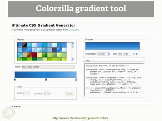 Colorzilla gradient tool




112       http://www.colorzilla.com/gradient-editor/
 