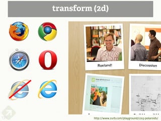 transform (2d)




136             http://www.zurb.com/playground/css3-polaroids/
 