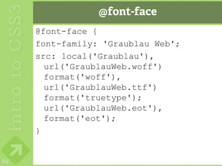 @font-face
     @font-face {
     font-family: 'Graublau Web';
     src: local('Graublau'),
       url('GraublauWeb.woff')
       format('woff'),
       url('GraublauWeb.ttf')
       format('truetype');
       url('GraublauWeb.eot'),
       format('eot');
     }


69
 