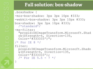 Full solution: box-shadow
     .boxshadow {
     -moz-box-shadow: 3px 3px 10px #333;
     -webkit-box-shadow: 3px 3px 10px #333;
     box-shadow: 3px 3px 10px #333;
       /*standard*/
     -ms-filter:
       "progid:DXImageTransform.Microsoft.Shad
       ow(Strength=4, Direction=135,
       Color='#333333')";
     /* For IE 8 */
     filter:
       progid:DXImageTransform.Microsoft.Shado
       w(Strength=4, Direction=135,
       Color='#333333');
       /* For IE 5.5 - 7 */
     }
99
 