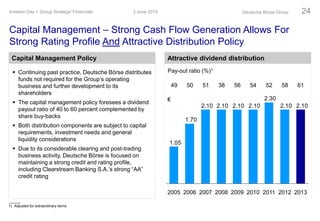 Capital Management – Strong Cash Flow Generation Allows For
Strong Rating Profile And Attractive Distribution Policy
3 June 2014Investor Day > Group Strategy/ Financials Deutsche Börse Group 24
Capital Management Policy
 Continuing past practice, Deutsche Börse distributes
funds not required for the Group’s operating
business and further development to its
shareholders
 The capital management policy foresees a dividend
payout ratio of 40 to 60 percent complemented by
share buy-backs
 Both distribution components are subject to capital
requirements, investment needs and general
liquidity considerations
 Due to its considerable clearing and post-trading
business activity, Deutsche Börse is focused on
maintaining a strong credit and rating profile,
including Clearstream Banking S.A.’s strong “AA”
credit rating
1) Adjusted for extraordinary items
Attractive dividend distribution
Pay-out ratio (%)1
2.102.10
2.30
2.102.102.102.10
1.70
1.05
20122011201020092008200720062005 2013
49 50 51 38 56 54 52 58 61
€
 