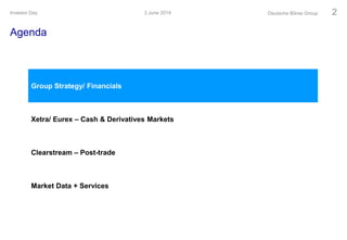 Agenda
3 June 2014Investor Day Deutsche Börse Group 2
Group Strategy/ Financials
Xetra/ Eurex – Cash & Derivatives Markets
Clearstream – Post-trade
Market Data + Services
 