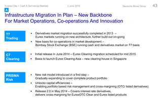 Infrastructure Migration In Plan – New Backbone
For Market Operations, Co-operations And Innovation
 Derivatives market migration successfully completed in 2013 –
Eurex markets running on new architecture, further build out on-going
 New basis for co-operations in market development –
Bombay Stock Exchange (BSE) running cash and derivatives market on T7 basis
 Initial release in June 2014 – Eurex Clearing migration scheduled for mid 2015
 Basis to launch Eurex Clearing Asia – new clearing house in Singapore
 New risk model introduced in a first step –
Gradually expanding to cover complete product portfolio
 Unlocks capital efficiencies –
Enabling portfolio based risk management and cross-margining (OTC/ listed derivatives)
 Release 2.0 in May 2014 – Covers interest rate derivatives,
delivers cross-margining for EurexOTC Clear and Eurex listed products
T7
Trading
C7
Clearing
PRISMA
Risk
3 June 2014Investor Day > Cash & Derivatives Markets Deutsche Börse Group 43
A
 