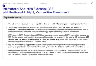  The US options industry is more competitive than ever with 12 exchanges competing for order flow
 Technology continues to be an important competitive differentiator, and ISE leads the industry
with the T7 trading architecture; ISE has focused on offering a robust suite of risk management tools to
market makers and customers, which is increasingly important in today's market environment
 ISE's launch of ISE Gemini in August 2013 has been a successful aspect of ISE’s competitive strategy, as
ISE Gemini attracts business from a segment of the market not targeted by the original ISE exchange; ISE
Gemini was the fastest new exchange to reach 2% market share, and YTD is averaging 3.1% equity
options market share (adjusted for dividend trades)
 ISE has received SEC approval to launch a new options volatility product which will compete in this
growing segment of the market; ISE will launch options on the Nations' VolDex index later this year
 Average daily volume for ISE and ISE Gemini (combined in Q1/2014) was 2.7 million contracts per day,
representing a 1.8% increase compared to YTD 2013; as of 31 March ISE's combined market share (ISE
and ISE Gemini) was 16.2% (adjusted for dividend trades)
International Securities Exchange (ISE) –
Well Positioned In Highly Competitive Environment
3 June 2014Investor Day > Cash & Derivatives Markets Deutsche Börse Group 58
5
Key developments
 