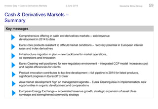 Cash & Derivatives Markets –
Summary
Comprehensive offering in cash and derivatives markets – solid revenue
development in 2014 to date
Eurex core products resistant to difficult market conditions – recovery potential in European interest
rates and index derivatives
Infrastructure migration in plan – new backbone for market operations,
co-operations and innovation
Eurex Clearing well positioned for new regulatory environment – integrated CCP model increases cost
and capital efficiencies for clients
Product innovation contributes to top-line development – full pipeline in 2014 for listed products,
significant progress in EurexOTC Clear
Asia market development high on management agenda – Eurex Clearing Asia in implementation, new
opportunities in organic development and co-operations
European Energy Exchange – accelerated revenue growth, strategic expansion of asset class
coverage and strengthened commodity strategy
3 June 2014Investor Day > Cash & Derivatives Markets Deutsche Börse Group 59
Key messages
 