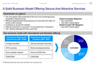 3 June 2014Investor Day > Post-trade Deutsche Börse Group 64
 The only global CSD positioned at the core of an exchange group
alongside a clearing house
 Offering integrated post-trade services on more than €12 trillion of
assets under custody
 A gateway to access 54 markets
 Serving customers in more than 110 countries from 10 locations
 “AA” rated by Standard & Poor’s and Fitch
Global Custodian Magazine:
 Top rated ICSD
 Top rated Triparty Agent
Global Investor ISF Magazine:
 Top rated Triparty Agent
A Solid Business Model Offering Secure And Attractive Services
One business model with international and domestic offering
Custody
Services
Settlement
Services
Global
Securities
Financing
Investment
Funds
Services
CUSTOMER
Clearstream Banking AG
Frankfurt (CBF/ CSD)1
Clearstream Banking SA
Luxembourg (CBL/ ICSD)
German domestic securitiesForeign securities
OTC business
Sub-custodian network
CREATION
Stock exchange business
Vault and CSD links
CASCADE
1) Clearstream Banking AG is also a 50% shareholder in the Luxembourg CSD
Clearstream at a glance
 